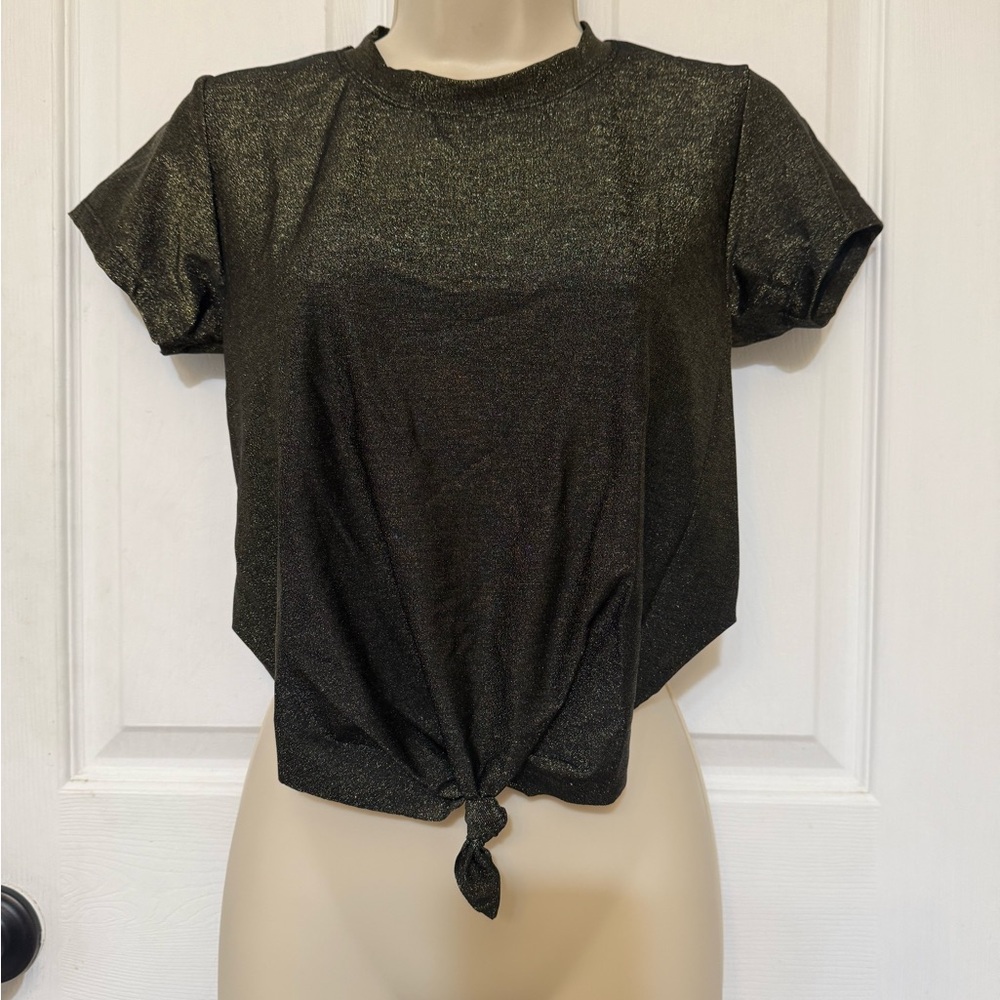 NWT VYB Black Metallic Shimmer Tie Front Crop Top Medium - Picture 3 of 4